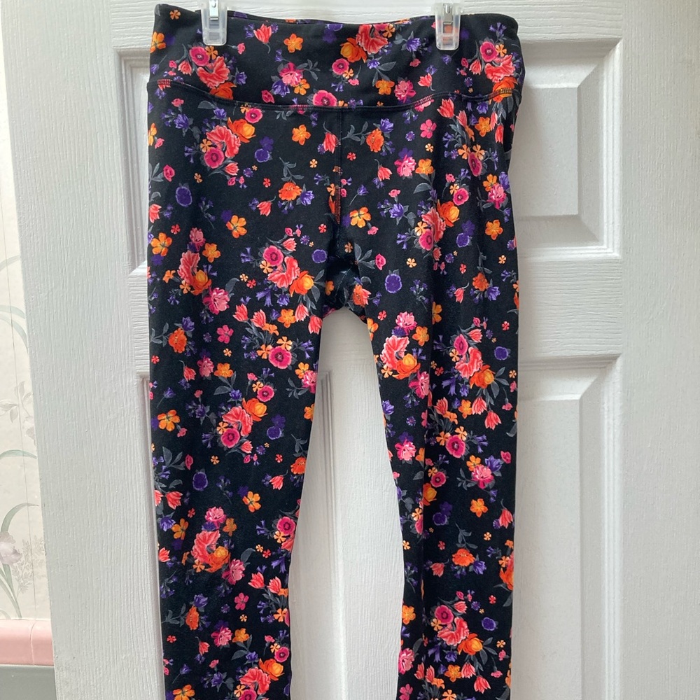 S Fabletics Black Leggings with Pink, Purple, & Orange Flowers